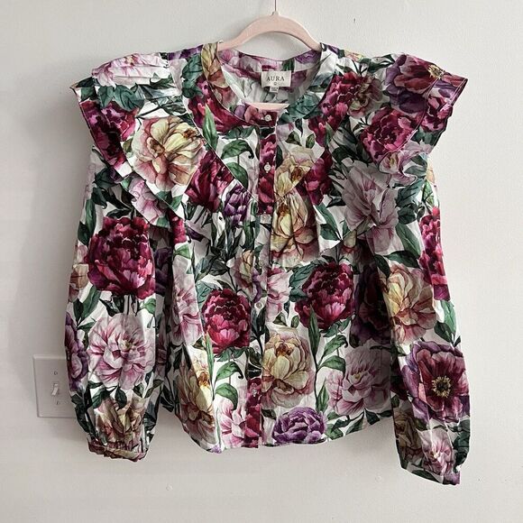 AURA Floral Ruffle Puff Sleeve Top Large Women’s Cotton Prairie Cottagecore NWT - Picture 4 of 14